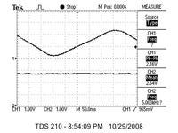 Name: hefrail.jpg
Views: 128
Size: 65.5 KB
Description: This scope capture shows the output of a linear hall effect sensor as a radially magnetized magnet is "spun" next to the sensor, which repeatly moves the magnets south pole closer to the sensor, then the north pole, and so on...
