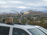 Name: CIMG3415a1.jpg
Views: 4751
Size: 86.5 KB
Description: Receivers mounted on car with DX7 on wifes car behind.  Test road is in background with features noted.