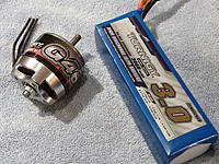 Name: P1060494.jpg
Views: 34
Size: 295.2 KB
Description: Turnigy G46 420kV and 5S pack.  Will need a 14" prop to get the power or might try a 6S pack if motor kV proves too low.