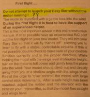 Name: P1070512.jpg
Views: 1771
Size: 98.6 KB
Description: In the manual it says do the first flight with the motor running.  I'm not so sure about that.  The test glides will help you get things right without damaging the plane.
