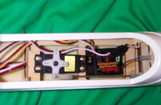 My Hobbico-brand Hitec Focus 3 receiver placed behind the rudder servo.