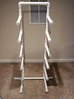 Name: Stand04.jpg
Views: 262
Size: 35.2 KB
Description: Completed stand. I used 8" pieces between levels and a 4" piece of pipe on top to give space for the plane to slide under the top cross beam.