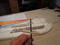 Name: DSC00125.jpg
Views: 182
Size: 102.5 KB
Description: Step 10b - Enlarge the slots in both pieces so that the wood piece allows for an angle and the fiberglass pieces slips on about 1/2" or so like shown.