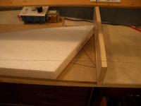 Name: flying wings 030.jpg
Views: 100
Size: 59.2 KB
Description: Top view of gap between the foam and the jig.  Note the thicker 3/4" jig.  As long as the foam is aligned  to the marks the cuts should be consistant.  