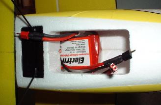 Electrifly 640mah 3S battery in position with included velcro.