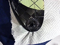 Name: PegInstalCarbonPatch1a1600x1200.jpg
Views: 26
Size: 273.0 KB
Description: Carbon fiber weave patch over the peg and CA'd with foam safe CA, still a little wet and waiting to dry.
