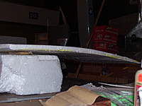 Name: Picture 587.jpg
Views: 379
Size: 48.2 KB
Description: Trailing edge after adding reflex. Edge is only 3/8" thick only, had this be flying wing, i would added balsa TE stock. to finish it off.