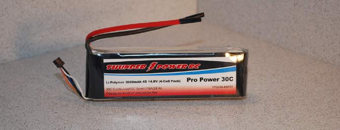 The 403g 3850 MAh 4s pack provided plenty of power and electron storage.  I could easily fly 15 minutes using the half power general flying style matched to the Toledo!
