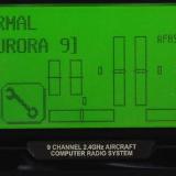 The Aurora 9 main display menu.  The main screen showed model, flight condition, battery status, trims, menus, timer and transmit status.