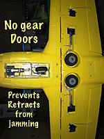 Name: 5EE13A49-C3E1-4688-B412-0096E2F4E12C.jpg
Views: 76
Size: 331.0 KB
Description: Servoless retracts stop working if doors hang up.  Eliminate the cause by removing the doors.   Post flight check for movement.  You should be able to spin the wheels and tires.