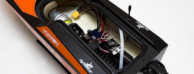 The interior of the Stealthwake. A plastic support structure is glued in and provides a mounting base for the electronics