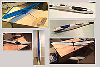 Name: 2014-15 planes.jpg
Views: 370
Size: 592.8 KB
Description: Clockwise from  upper left: Mimi built up 1M DLG, e-fuselage for the 126" Vivace ( I later replaced the spinner with one correctly sized), e- fuselage with longer nose for Allegro Lite, SuperGee II #2,  Allegro composite flapped wing, with Edge wing.