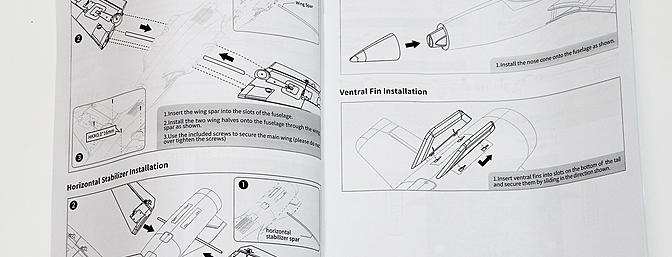 Instruction manual showing some assembly steps. Although there isn't much to do to assemble this airframe, the manual still clearly guides the modeler through the assembly process.